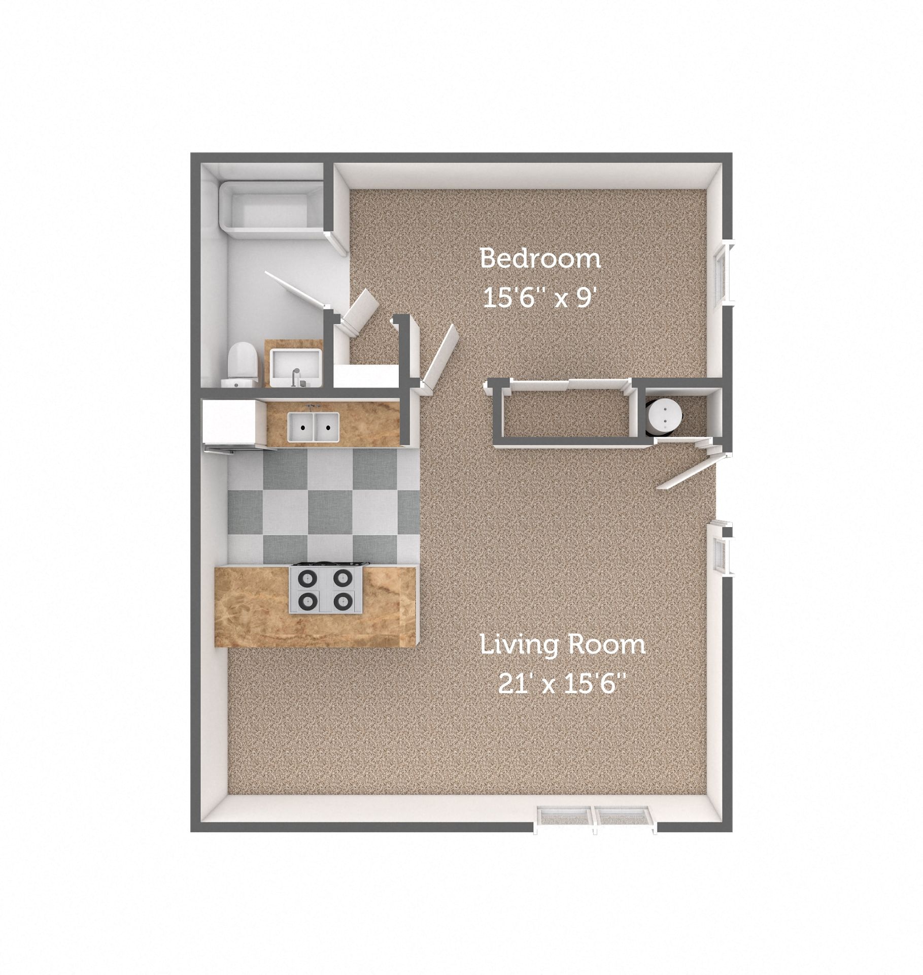 Floor plan for 1 bed, 1 bath, 616 sqft